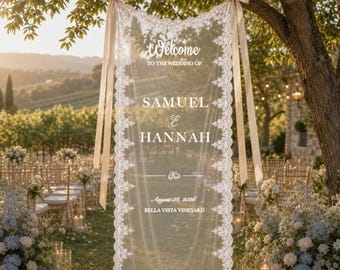 Custom Lace Wedding Welcome Sign, Personalized Lace Banner, Fabric Ceremony Signage, Bridal Shower Sign, Reception Decor