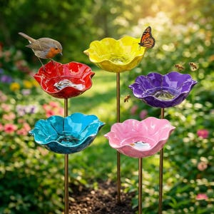 Flower Bee Bath & Hummingbird Feeder Garden Stake - Metal Butterfly Puddler - Pollinator Water Station - Outdoor Yard Art Decor image 3