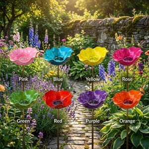 May include: Eight flower-shaped bird baths on metal stakes, arranged in two rows. The colors are pink, blue, yellow, rose, green, red, purple, and orange. Each bowl features a scalloped edge and is labeled with its respective color name.
