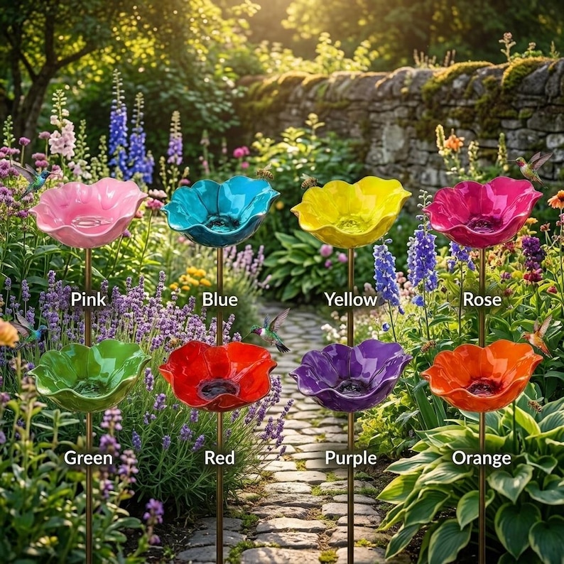May include: Eight flower-shaped bird baths on metal stakes, arranged in two rows. The colors are pink, blue, yellow, rose, green, red, purple, and orange. Each bowl features a scalloped edge and is labeled with its respective color name.