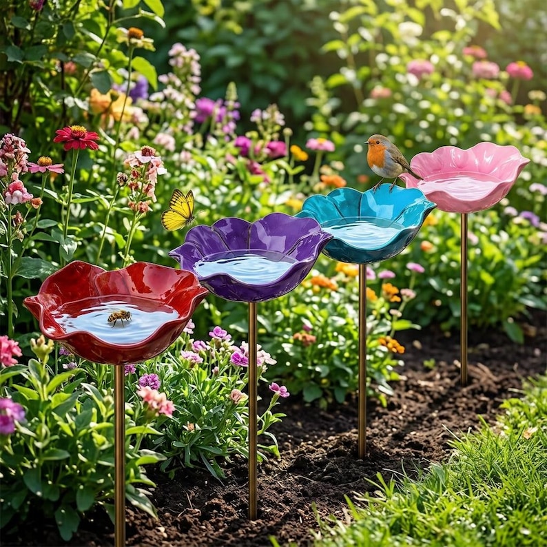 May include: Four flower-shaped bird baths on thin metal stakes, colored red, purple, blue, and pink. Each bowl holds water, with a small bee visible in the red basin and a small bird perched on the edge of the blue basin in a garden setting.