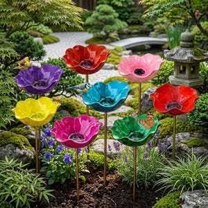 Flower Bee Bath & Hummingbird Feeder Garden Stake - Metal Butterfly Puddler - Pollinator Water Station - Outdoor Yard Art Decor