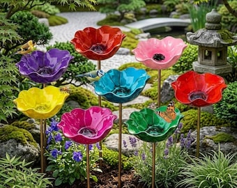 Flower Bee Bath & Hummingbird Feeder Garden Stake - Metal Butterfly Puddler - Pollinator Water Station - Outdoor Yard Art Decor