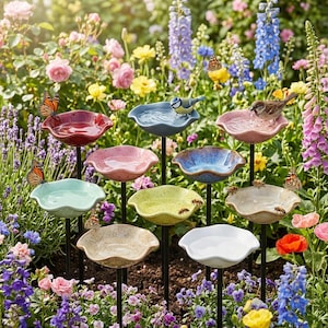 Ceramic Pollinator Water Station Stake - Flower Bee Bath & Hummingbird Feeder - Butterfly Puddler Dish - Backyard Yard Art Decor