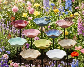 Ceramic Pollinator Water Station Stake - Flower Bee Bath & Hummingbird Feeder - Butterfly Puddler Dish - Backyard Yard Art Decor