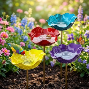 May include: A set of four flower-shaped bird baths in yellow, red, blue, and purple, each mounted on a thin metal stake. A colorful bird drinks from the yellow basin, a bee rests in the red basin, and a monarch butterfly sits on the purple basin.