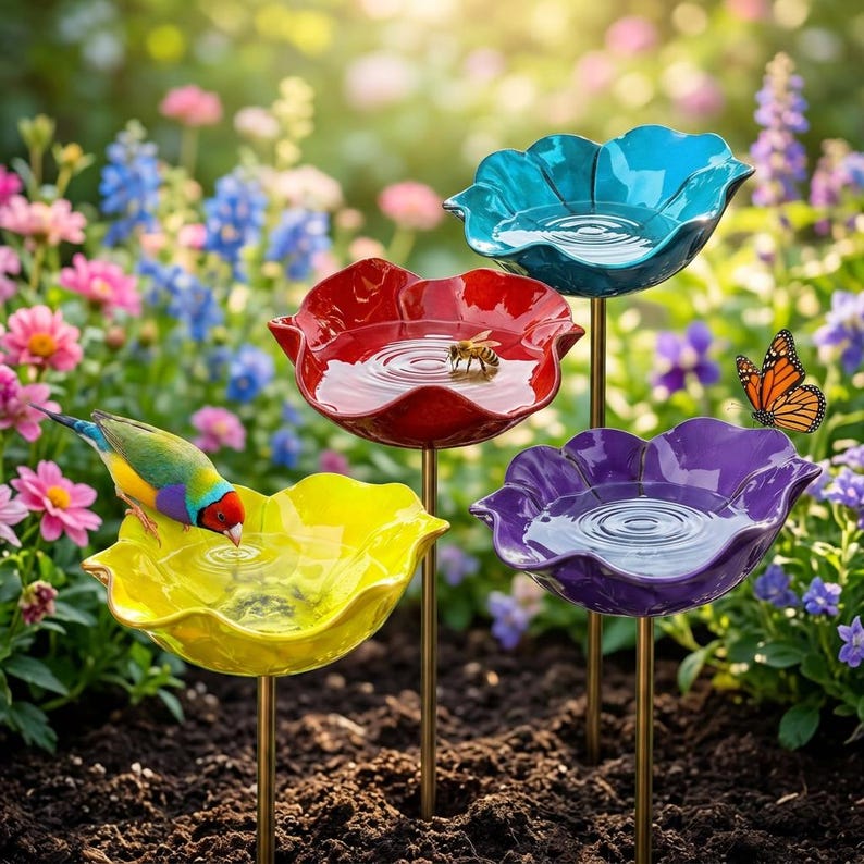 May include: A set of four flower-shaped bird baths in yellow, red, blue, and purple, each mounted on a thin metal stake. A colorful bird drinks from the yellow basin, a bee rests in the red basin, and a monarch butterfly sits on the purple basin.