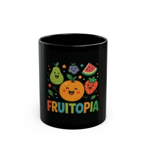 May include: Black ceramic mug featuring a colorful "Fruitopia" design. The design includes smiling cartoon fruits: a pear, orange, blueberry, watermelon slice, and strawberry. The mug is a standard size for hot or cold beverages.