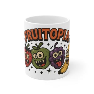 Fruitopia Mug - Fun Cartoon Fruit Design, Cute Coffee Tea Cup, Gift for Fruit Lovers, Kitchen Decor, Birthday Party Favor