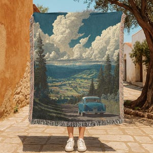 Vintage Road Trip Car 100% Cotton Woven Blanket, Scenic Nature Woven Blanket, Mountain Adventure Woven Blanket, Travel Enthusiast Blanket