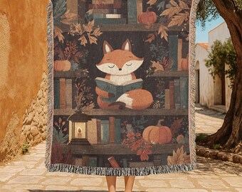 Book Lover Fox 100% Cotton Woven Blanket, Librarian Teacher Gift Throw Blanket, Cottagecore Autumn Reading Woven Blanket, Bookworm Friend.