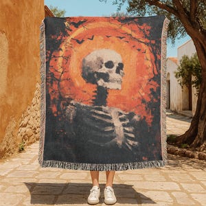 Manta tejida 100 % algodón con esqueleto de Halloween, manta tejida con calavera gótica, manta tapiz de Academia oscura y espeluznante, amante del terror, amiga bruja