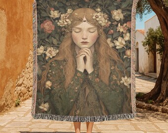 Dreamy Floral Muse Art 100% Cotton Woven Blanket, Inspirational Quotes Woven Blanket, Nature Lover Woven Blanket, Meditation Woven Blanket.