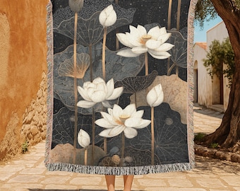 Elegant Lotus Flower 100% Cotton Woven Blanket, Floral Woven Blanket, Meditation Woven Blanket, Spiritual Woven Blanket, Nature Blanket Gift