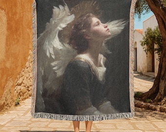 Renaissance engel 100% katoenen geweven deken, goddelijke wandtapijten, spiritueel woondecoratiecadeau, esthetische muurdecoratie, klassiek schilderij.