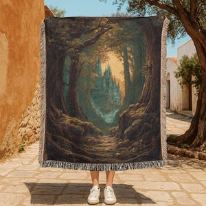 Fantasy Reader Gift 100% Cotton Woven Blanket, Fairytale Castle Woven Throw, Gift For Gamer Friend Tapestry Blanket, Dark Academia Decor