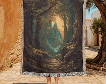 Coperta in 100% cotone intrecciato, regalo per lettore fantasy, coperta in tessuto a tema castello delle fiabe, regalo per amico gamer, arazzo, decorazione Dark Academia