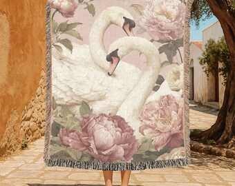 Elegant Swan Peony 100% Cotton Woven Blanket, Romantic Floral Throw, Nature Bird Tapestry, Unique Housewarming Gift, Aesthetic Home Decor.