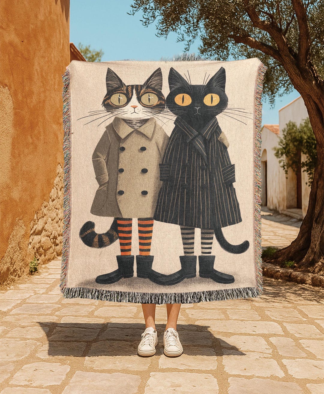 猫カップル用100%コットン織りブランケット、猫好きへのギフト織り