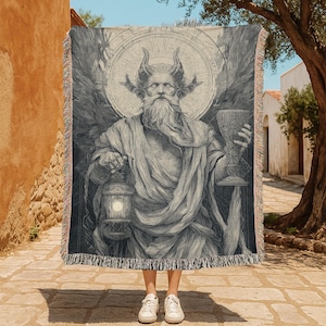 Mythical God Illustration 100% Cotton Woven Blanket, Fantasy Art Woven Blanket, Religious Iconography Woven Blanket, Spiritual Symbolism
