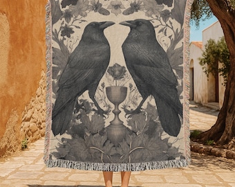Gothic Raven 100% Cotton Woven Blanket, Witchy Crow Throw, Dark Academia Decor, Pagan Couple Woven Throw, Bird Lover Birthday, Halloween.