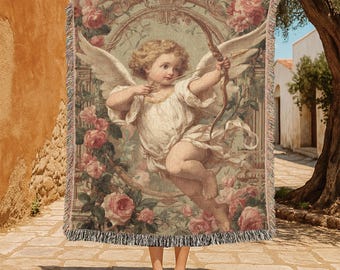 Cupido kunst 100% katoen geweven deken, romantisch cadeau voor vrouw geweven plaid, Angelcore Coquette Tapestry, cadeau kunstliefhebber geweven deken decor