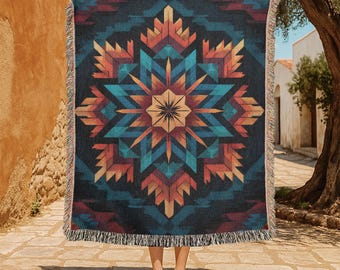 Southwestern Style 100% Cotton Woven Blanket, Aztec Pattern Throw Blanket, Native Inspired Decor Tapestry, Boho Gift, Rustic Cabin Blanket
