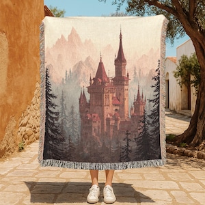 Couverture tissée 100 % coton Fantasy Castle, pour cadeau pour les amoureux des livres, tapisserie sombre du milieu universitaire, jeté royaume des contes de fées, forteresse médiévale, couverture