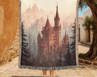 Fantasy Castle 100% Cotton Woven Blanket, For Book Lover Gift, Dark Academia Tapestry, Fairytale Kingdom Throw, Medieval Fortress, Blanket