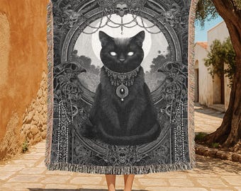 Manta de algodón 100 % con diseño de gato negro místico, manta gótica para amantes de los gatos, manta espiritual para amantes de las mascotas, manta con arte animal oculto.