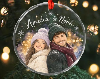 Aesthetic Custom Photo Couple Ornament, Personalized Script Name Elegant Bauble, Minimalist Winter Landscape Decor, Romantic Memory Gift