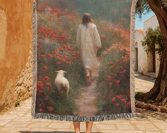 De goede herder 100% katoenen geweven deken, Jezus en lam geweven plaid, christelijk geloof wandtapijtdeken, religieus cadeau voor moeder, Pasen