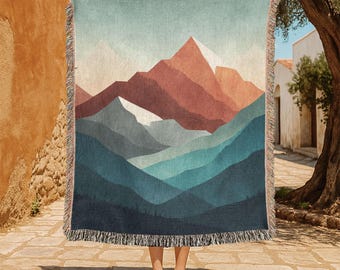 Gift For Hiker 100% Cotton Woven Blanket, Nature Lover Throw Blanket, Mountain Adventure Woven Tapestry, Camper Cabin Decor Woven Blanket.