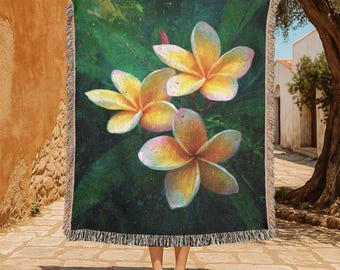 Plumeria Flower 100% Cotton Woven Blanket, Tropical Gardener Gift Tapestry Throw, Hawaiian Decor Woven Throw, Gift For Mom Cotton Blanket