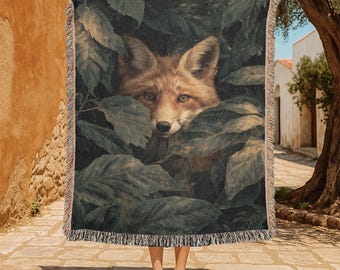 Fox Animal Lover 100% Cotton Woven Blanket, Wildlife Nature Enthusiast Woven Blanket, Forest Animal Home Decor Woven Blanket, Woven Blanket