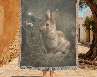 Manta tejida 100 % algodón para amantes de los conejos, manta de regalo de Pascua, tapiz de decoración cottagecore, manta tejida de estilo rústico, regalo de conejo vintage