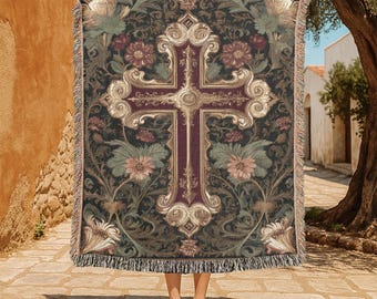 Christian Gift 100% Cotton Woven Blanket, Religious Home Decor Throw Blanket, Ornate Cross Tapestry, Catholic Faith Woven Blanket Decor