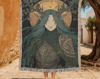 Pagan Forest Goddess 100% Cotton Woven Blanket, Celtic Mythology Woven Throw, Gift For Wiccan Friend Woven Tapestry, Fantasy Lover Art Couch