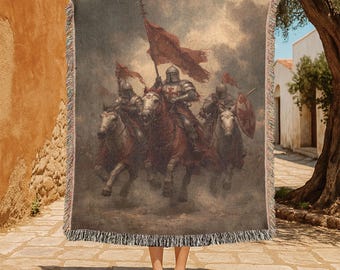 Manta tejida de algodón 100% de los Caballeros Templarios, manta tejida de guerrero cristiano, tapiz medieval de cruzado, regalo para papá aficionado a la historia, religioso