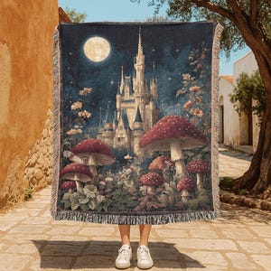 Fairytale Castle 100% Cotton Woven Blanket, For Fantasy Reader Woven Throw, Mushroom Forest Tapestry Blanket, Princess Kingdom Blanket Decor