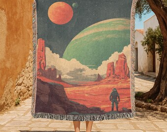 Astronaut Adventure Woven Blanket 100% Cotton, Red Planet Space
