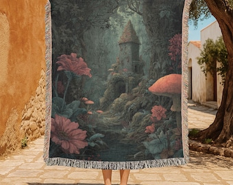 Fairy Tale Castle 100% Cotton Woven Blanket, Fantasy Forest Blanket, Magic Cottage Woven Blanket, Enchanted Mushroom Blanket, Nature Blanket
