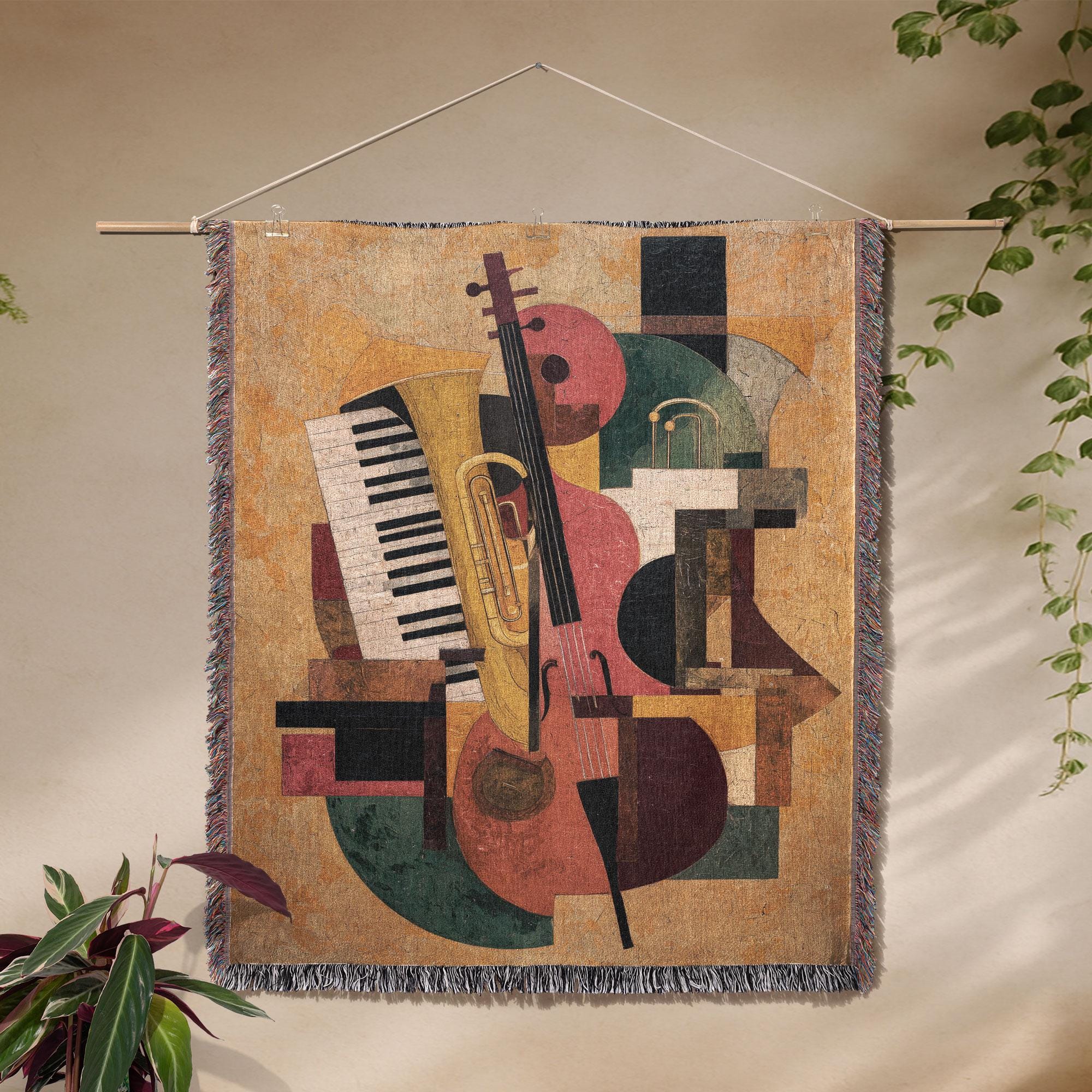 Abstract Music Instrument 100% Cotton Woven Blanket, Jazz String