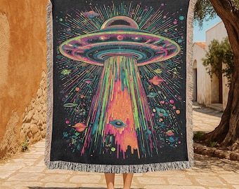 Manta tejida 100% algodón con diseño de ovni psicodélico, manta tejida con diseño de alienígena alucinante, manta tapiz de regalo para fans de la ciencia ficción, decoración para habitaciones de fumadores de marihuana, manta galáctica