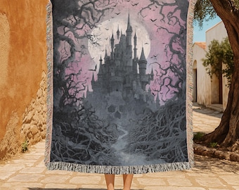 Manta de algodón 100 % con diseño de castillo gótico y luz de luna, ideal como manta de mansión encantada, manta de castillo de fantasía, decoración de noche espeluznante, regalo de Halloween