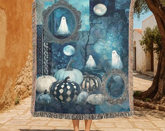 Halloween Ghost Pumpkin 100% Cotton Woven Blanket, Spooky Autumn Blanket, Halloween Decor Blanket, Ghost Lovers Blanket, Fall Celebration.