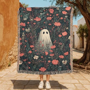 Floral Ghost 100% Cotton Woven Blanket, Spooky Season Lover Tapestry, Cottagecore Hobby Throw Blanket, Halloween Decor Blanket Tapestry