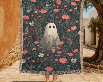 Floral Ghost 100% Cotton Woven Blanket, Spooky Season Lover Tapestry, Cottagecore Hobby Throw Blanket, Halloween Decor Blanket Tapestry