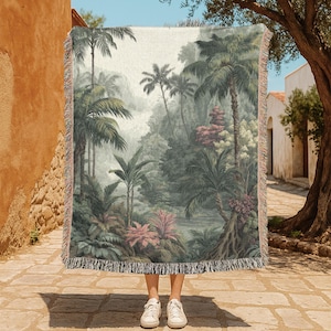 Nature Lover Hobby 100 % Cotton Woven Blanket, Gardener Friend Gift Throw Blanket, Housewarming Occasion Tapestry, Tropical Jungle Throw
