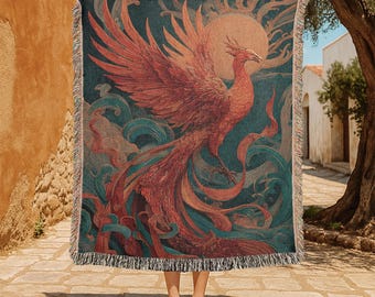 Phoenix Mythical Bird 100% Cotton Woven Blanket, Fantasy Creature Woven Blanket, Spiritual Symbol Woven Blanket, Legendary Animal Blanket.